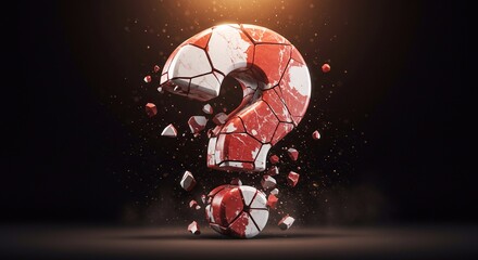 Wall Mural - digital 3d question mark made of crumbling red and white stone on a black background with backlighti