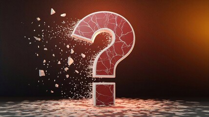 Wall Mural - digital 3d question mark made of crumbling red and white stone on a black background with backlighti