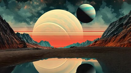 Poster - Alien planet landscape with mountains and moon over horizon in retro style