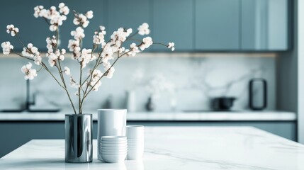 Poster - Delicate branches with soft blossoms stand tall in sleek vases on a pristine marble countertop, complemented by a stylish kitchen's calming blue cabinetry and natural light