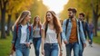 © julfiar - Walking, happy and girl with friends at university for learning, bonding and talking with fun. People, school and group of gen z students commuting outdoor ready for education at college campus.