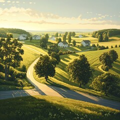 Poster - Golden Hour Serenity: A Country Road Winding Through Rolling Hills and Quaint Farmhouses Under a Soft, Warm Light