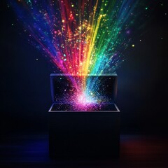 Leinwandbilder - Unleashing Wonders: A Burst of Vibrant, Colorful Light and Sparkles Emanates from an Open Dark Box in a Dramatic Display.