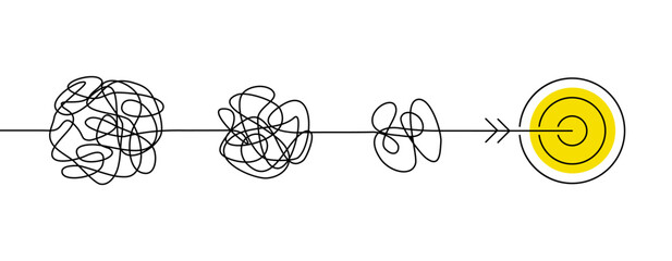 continuous one line drawing of chaos tangle which gradually turns into achievement target, problem s