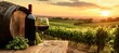 © GS-Studio - Vineyard Wine Scene: A picturesque scene featuring a wine bottle, a glass of red wine, a barrel, and grapes with lush vineyards bathed in the warm, golden light of sunset.