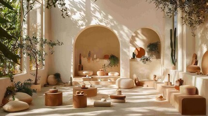 Poster - Serene and Well-Lit Studio Setting Showcasing a Warm Array of Natural Decor and Minimalist Design Elements