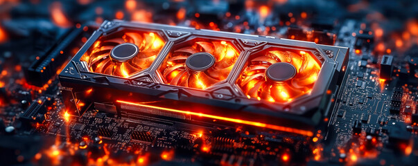 Poster - high-performance graphics card with triple fan setup on illuminated pc motherboard, showcasing advan