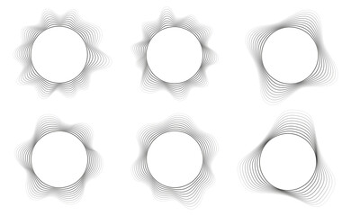 geometric distortion circles set, wavy curve design, round sound wave frames, futuristic style wave 