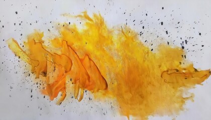 Poster - dynamic orange fire burst on white canvas, abstract fiery explosion with paint splatter, energetic art for modern design

