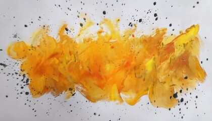 Poster - dynamic orange fire burst on white canvas, abstract fiery explosion with paint splatter, energetic art for modern design

