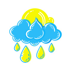 raindrop icon with blue cloud and yellow sun, weather concept