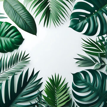 Lush green tropical leaves arranged on a white background.abstract white frame