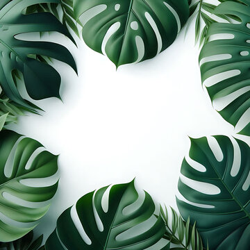 Lush green tropical leaves arranged on a white background.abstract white frame