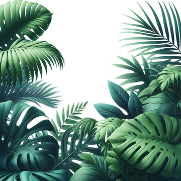 Lush green tropical leaves arranged on a white background.abstract white frame