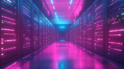 Poster - Neon-lit server room with rows of data storage racks.