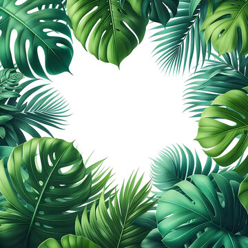 Lush green tropical leaves arranged on a white background.abstract white frame