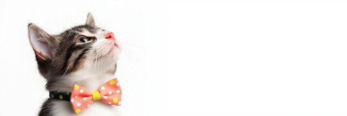 Fototapete - a cat wearing a bow tie is looking up at the camera. the bow tie is orange and white, and the cat's 