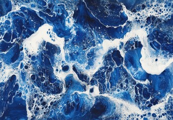 Poster - Abstract Blue Ocean Waves with Creamy Foam Creating a Stunning Fluid Art Pattern for Backgrounds and Design Applications