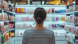 © Dinara - A young woman stands with her back to the shelves of cosmetics in a shop.