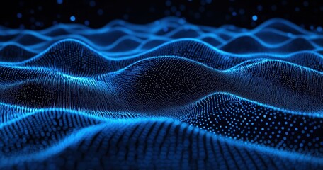 Aufkleber - Abstract blue wave patterns created with particles on a dark background, representing digital data, technology, and vibrant energy flow in a serene landscape