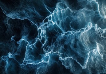 Poster - Abstract Blue Waves with Light Effects in an Artistic Fluid Motion Displaying Energy and Movement in Dark Background