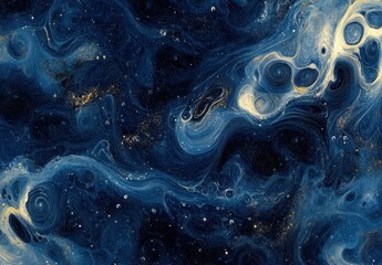 Poster - Abstract cosmic pattern with swirling navy blue and gold hues, reminiscent of an ethereal space landscape full of swirling galaxies and shimmering stardust