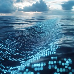 Aufkleber - Abstract digital landscape with flowing binary code resembling water waves under a dramatic cloudy sky at sunset for technology and nature themes