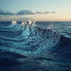 Aufkleber - Abstract digital representation of ocean waves with binary code flowing through water, illustrating the concept of technology and nature combined seamlessly.