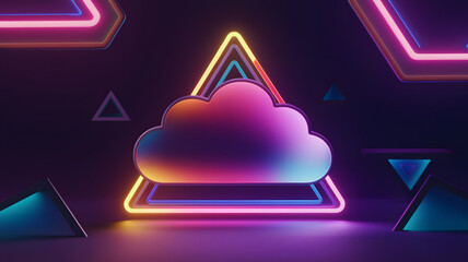 Poster - Neon Cloud Data: A vibrant, glowing cloud icon framed by neon triangles, symbolizing data storage and cloud computing in a futuristic design.