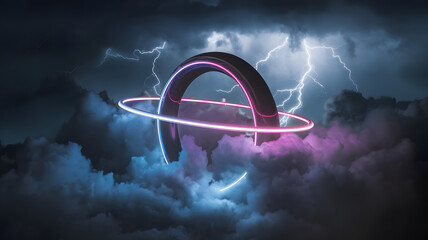 Poster - Nebula Ring: A glowing circular structure levitates amidst a stormy sky, with a radiant energy ring, symbolizing the convergence of innovation and the power of nature's fury.