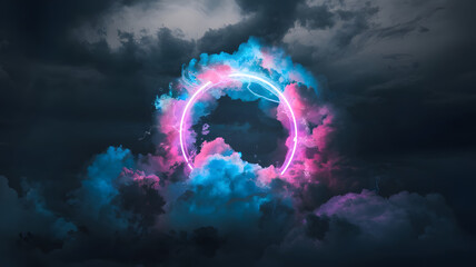 Poster - neon cloud dreamscape: a vibrant neon ring encircles a fluffy cloud, the vivid colors contrasting be