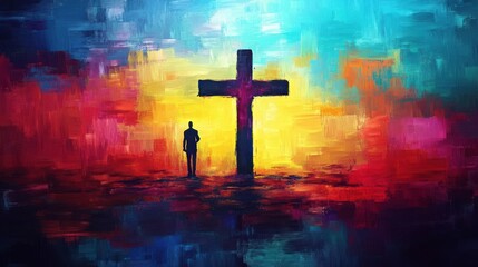 Poster - Colorful cross silhouette against abstract background, vibrant hues, spiritual theme