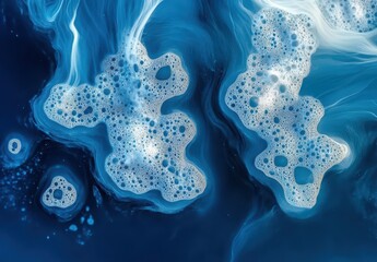 Poster - Abstract Oceanic Scene with Swirling Waves and Bubbles in Deep Blue Tones, Capturing the Essence of Water and Fluid Movement in Artistic Style