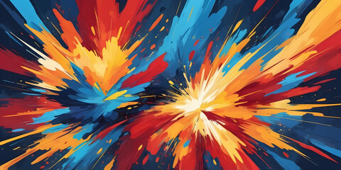 Poster - Explosive Fusion of Color: An abstract artwork bursts with vibrant energy as dynamic strokes of paint intertwine in a mesmerizing display, showcasing an explosive fusion of hues and textures.