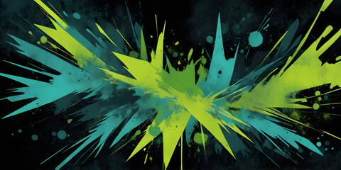Poster - Abstract Explosion of Color: A dynamic abstract illustration showcasing a burst of vibrant green and teal paint splatters against a dark backdrop, capturing the essence of energy and creativity.