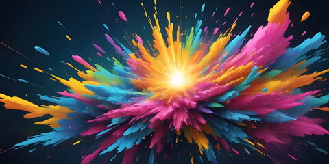 Poster - Explosive Colors: a vivid explosion of vibrant colors radiating outward from a central point of light, creating a dynamic and energetic abstract artwork. 