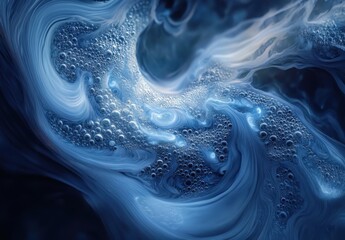 Poster - Abstract swirls of blue liquid with white foam and bubbles creating a mesmerizing and dynamic aquatic scene for creative projects and artistic backgrounds