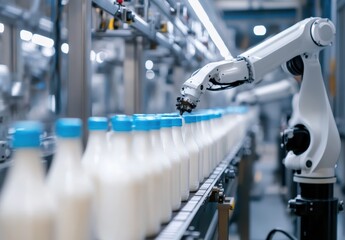 Poster - Advanced Robotic Arm Operating in Dairy Production Line for Efficient Handling of Milk Bottles with Blue Caps in Modern Factory Environment