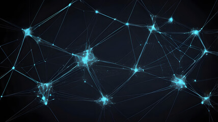 Poster - Brain Neural Network: A complex network of interconnected neural cells glows with neon blue light against a dark background, representing the intricate connections of the brain.
