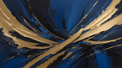 Poster - Elegance in Abstract: An abstract composition of flowing gold and navy blue paint strokes create a dynamic and elegant image with a sense of movement and luxury.