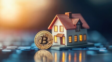 Poster - a miniature house on a digital platform beside a bitcoin coin, symbolizing the intersection of real 