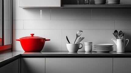 Poster - A monochrome kitchen scene with only one bright red object in contrast