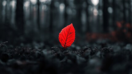 Poster - A monochrome forest scene with just one bright red leaf in focus