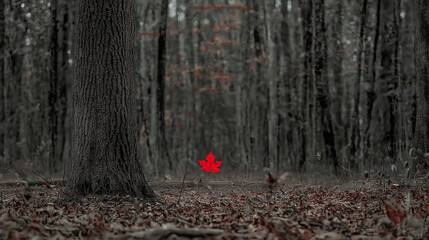 Poster - A monochrome forest scene with just one bright red leaf in focus