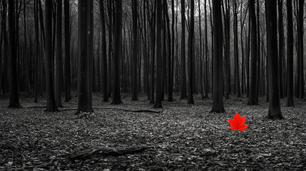 Poster - A monochrome forest scene with just one bright red leaf in focus