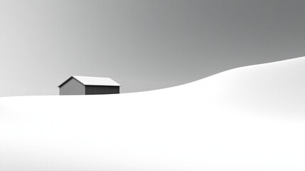 Poster - A minimalistic snow-covered landscape with a single house in the distance