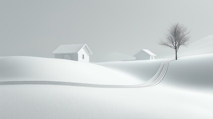 Poster - A minimalistic snow-covered landscape with a single house in the distance