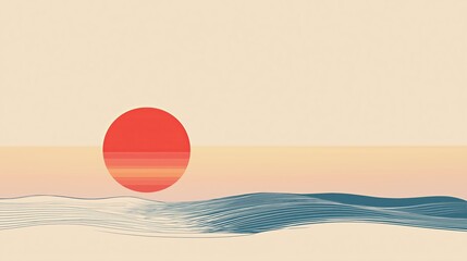 Poster - A minimalist, line-drawn sun setting over a calm ocean