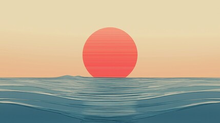 Poster - A minimalist, line-drawn sun setting over a calm ocean