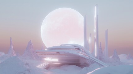 Poster - A futuristic, minimalist space station orbiting a glowing white planet